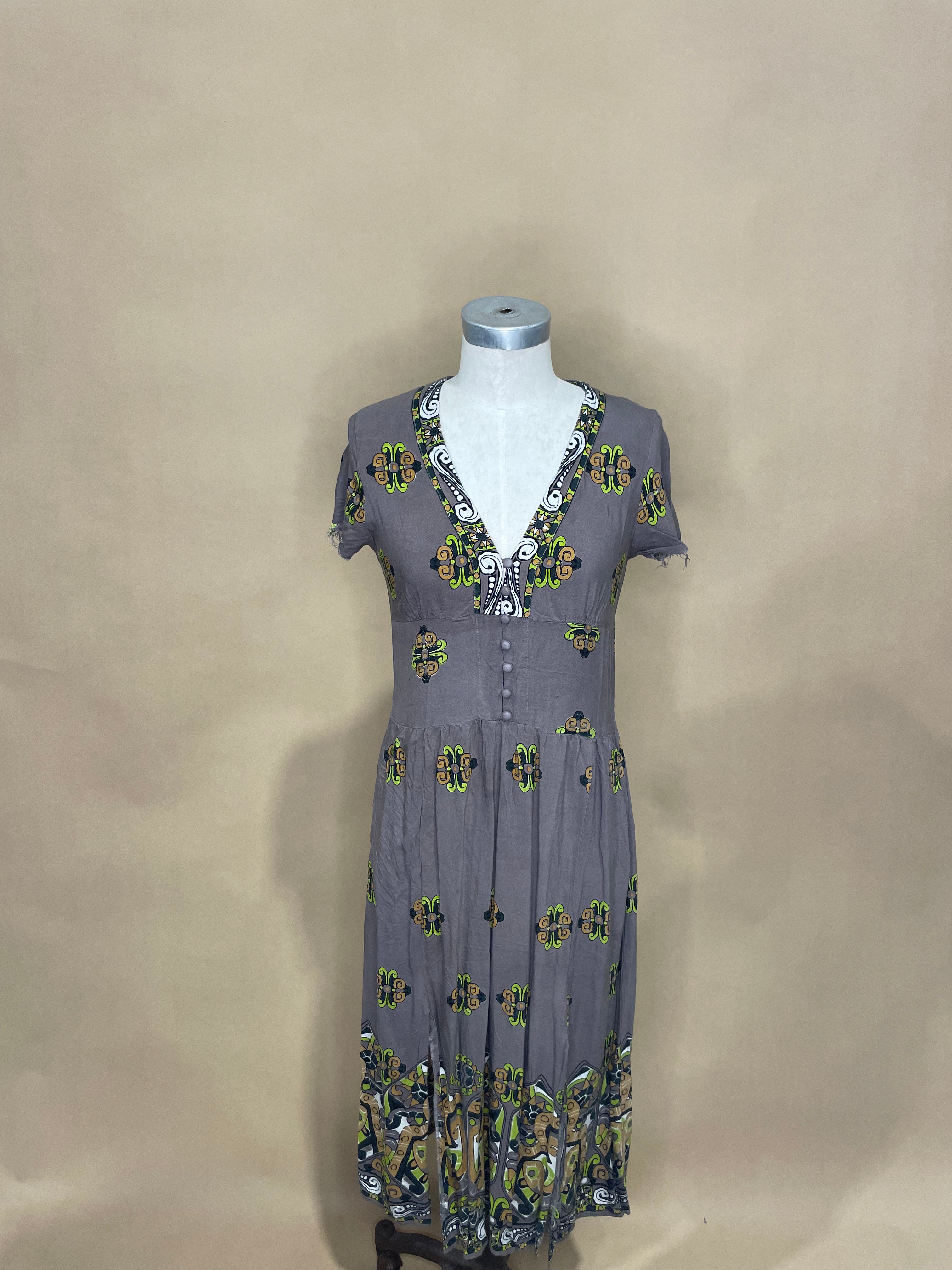 Brown Patterned V-Neck Dress