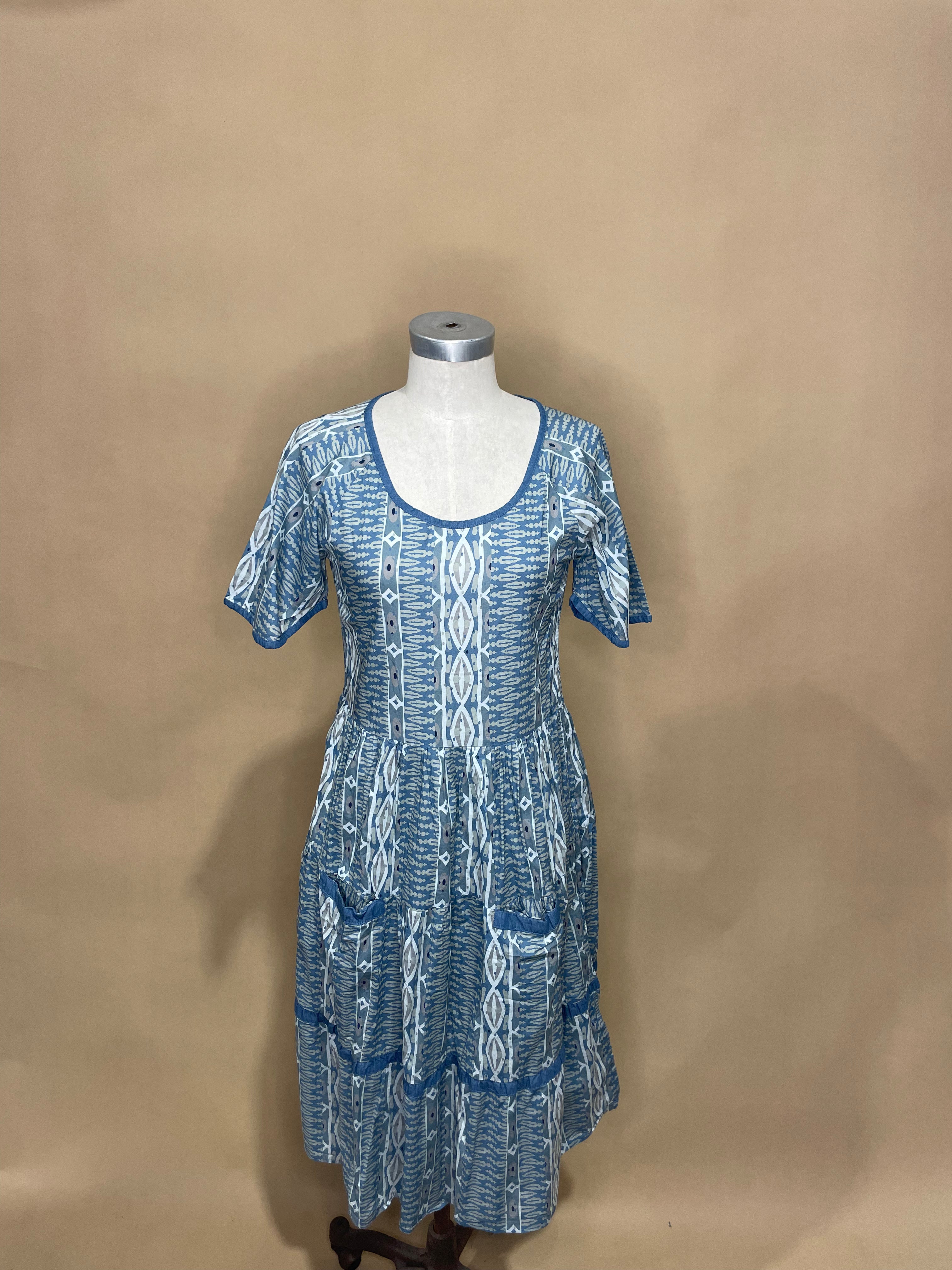 Blue Printed Dress with Front Pockets