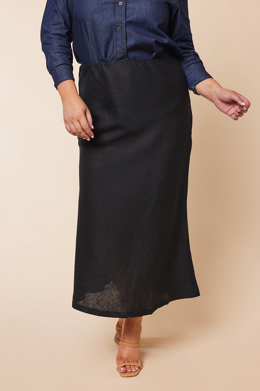 Katie Bias Cut Skirt in Black 55 Linen 45 Viscose Elasticised Waistband Adrift Clothing