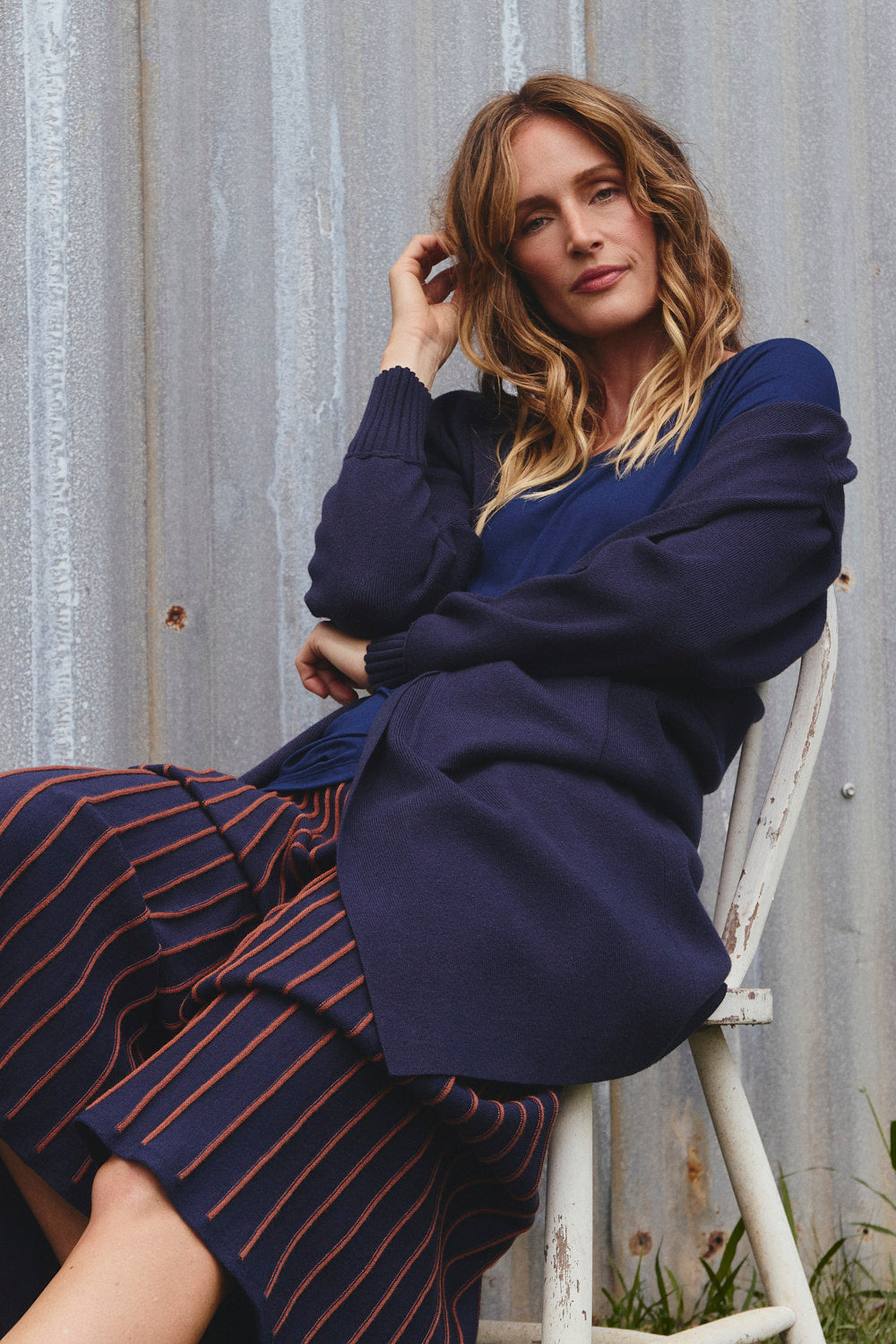 Knitted Long Line Cardigan in Navy, Cardigan - Adrift Clothing