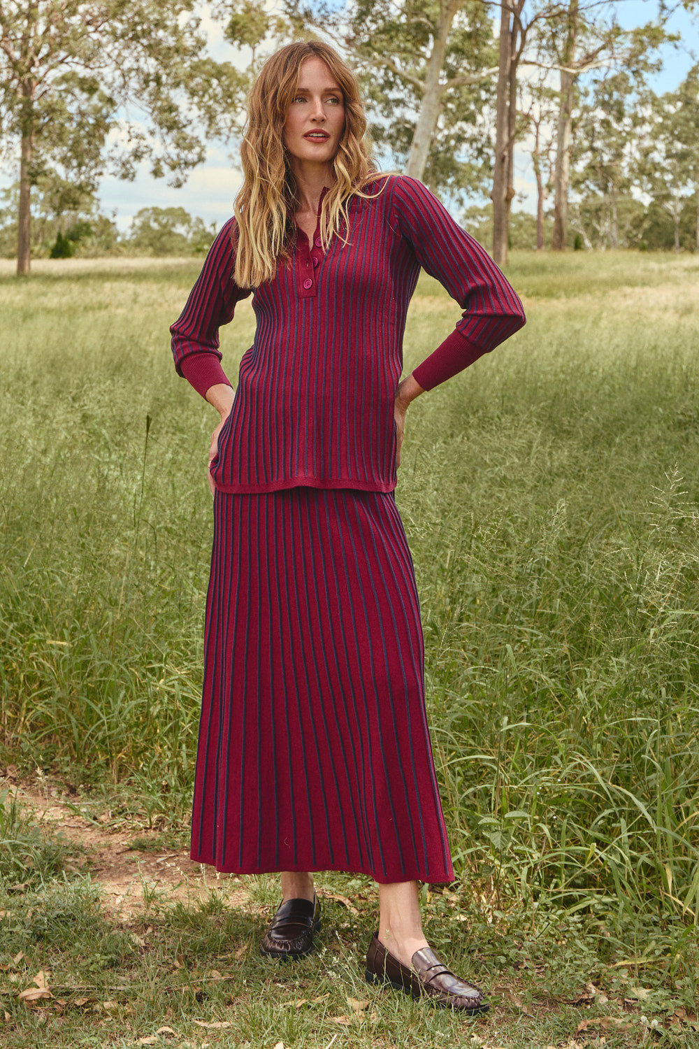 Knitted A-Line Skirt in Cherry Red