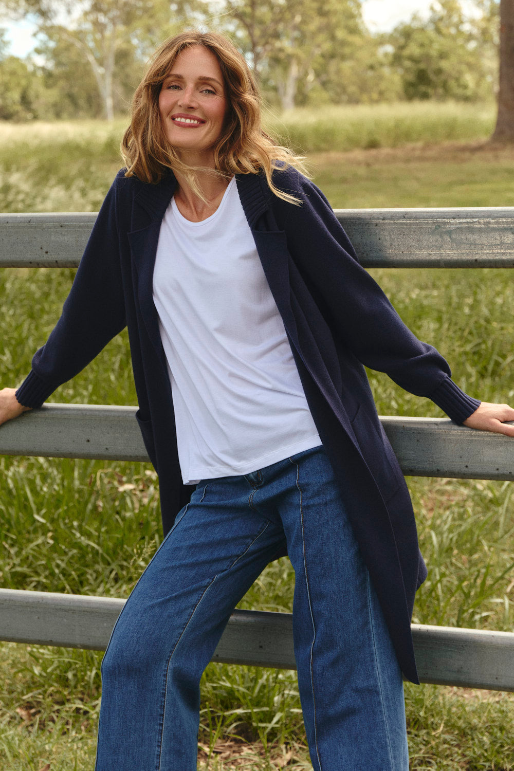 Knitted Long Line Cardigan in Navy