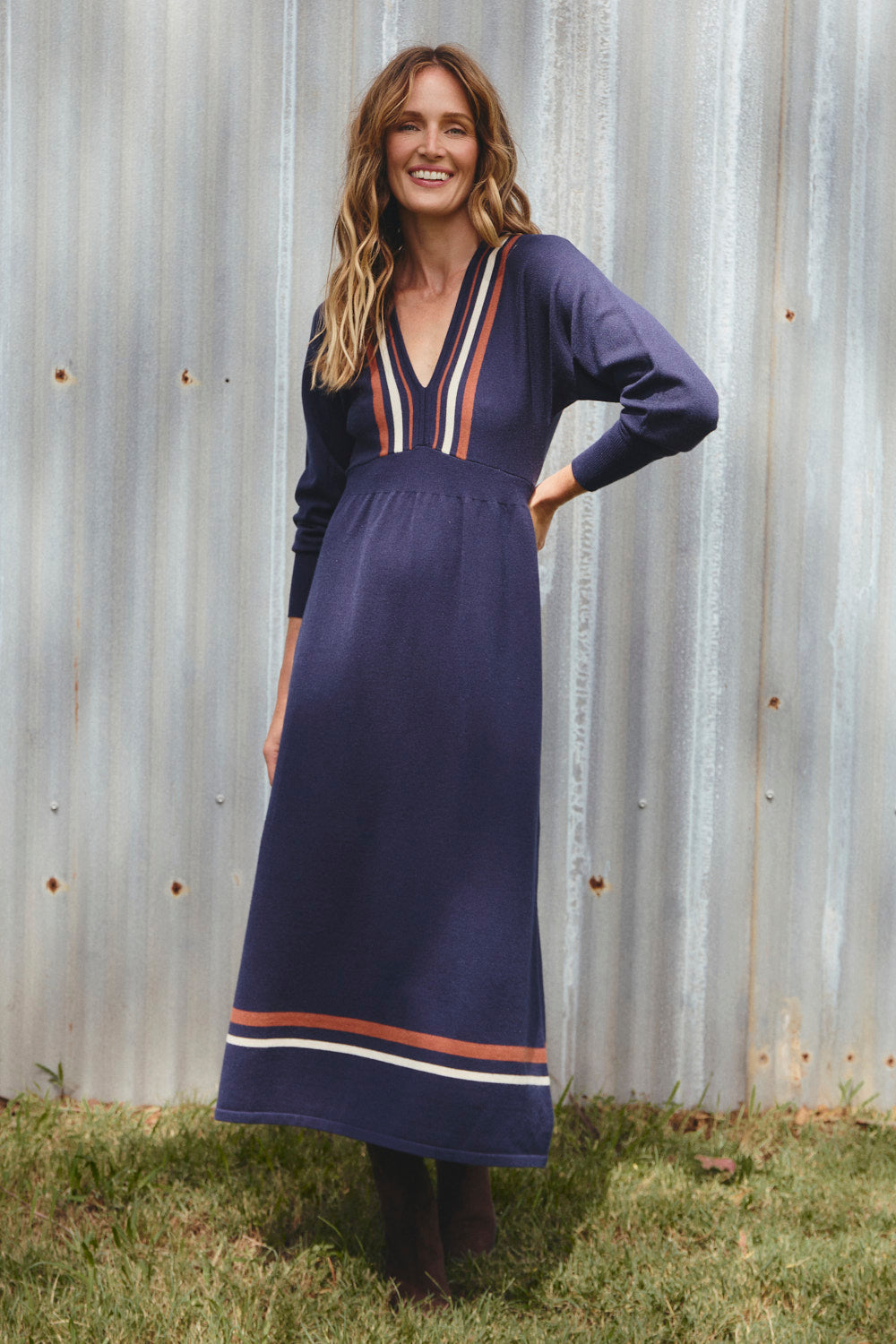 Knitted V-Neck Dress in Navy Spice