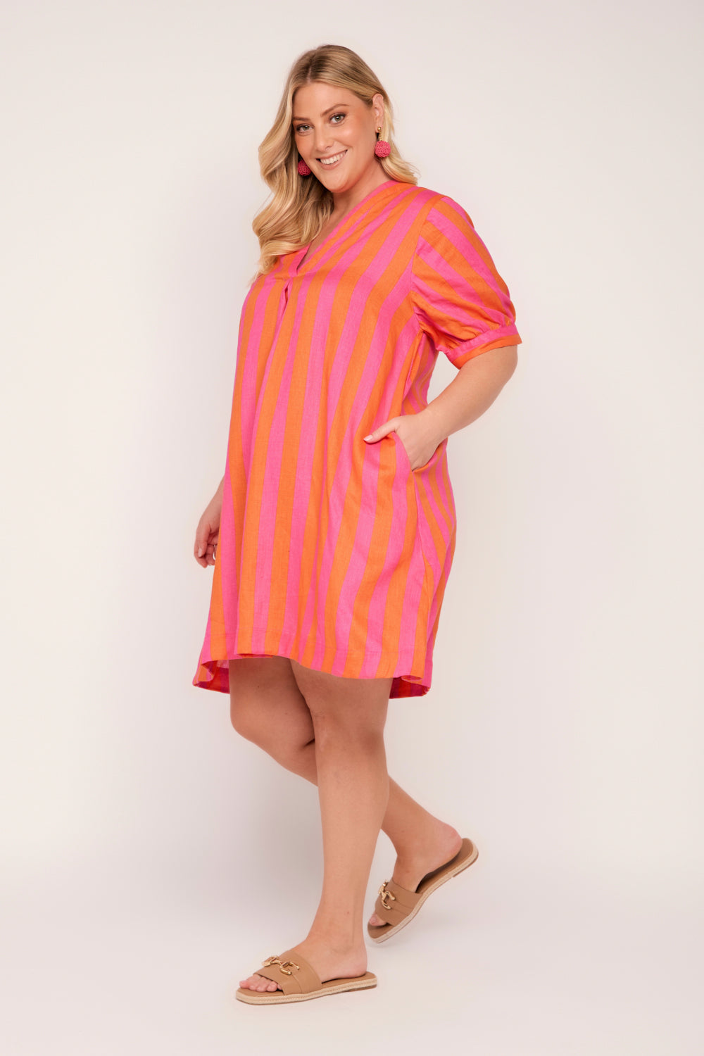 Kora A-Line Puff Sleeve Linen Dress in Afterglow