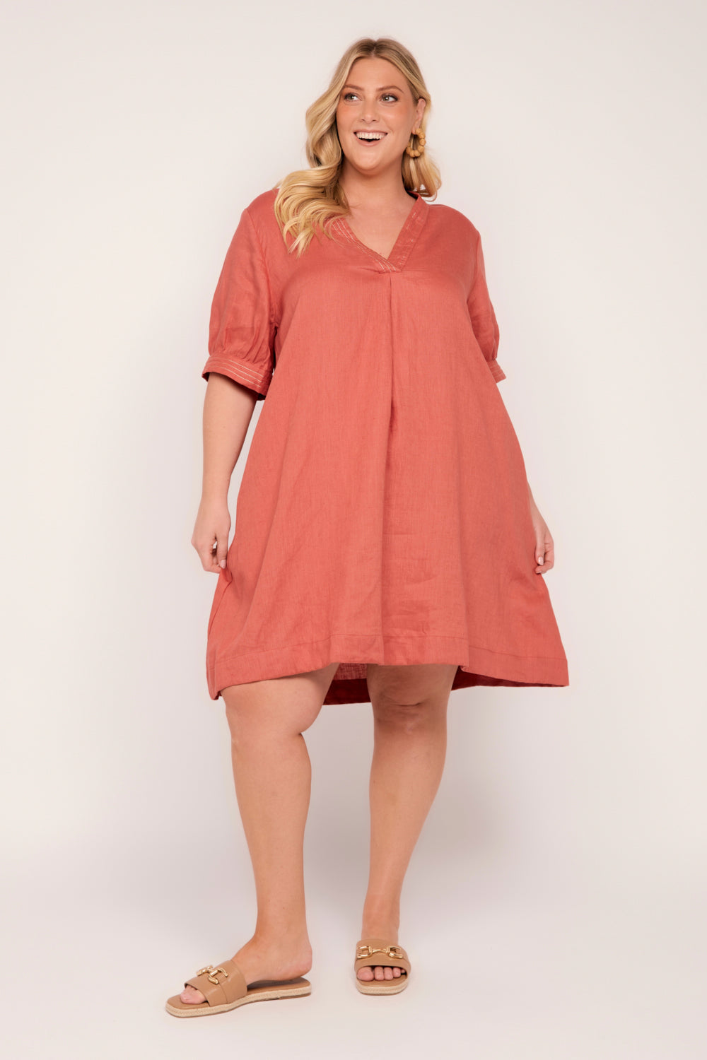 Kora A-Line Puff Sleeve Linen Dress in Desert Rose