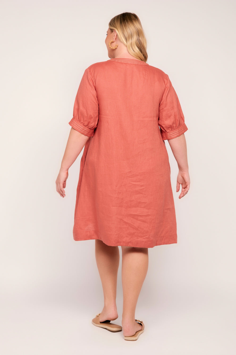 Kora A-Line Puff Sleeve Linen Dress in Desert Rose