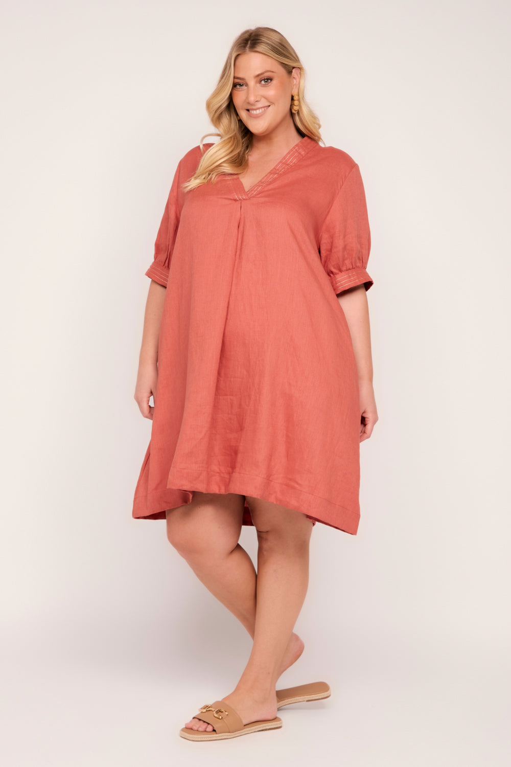 Kora A-Line Puff Sleeve Linen Dress in Desert Rose