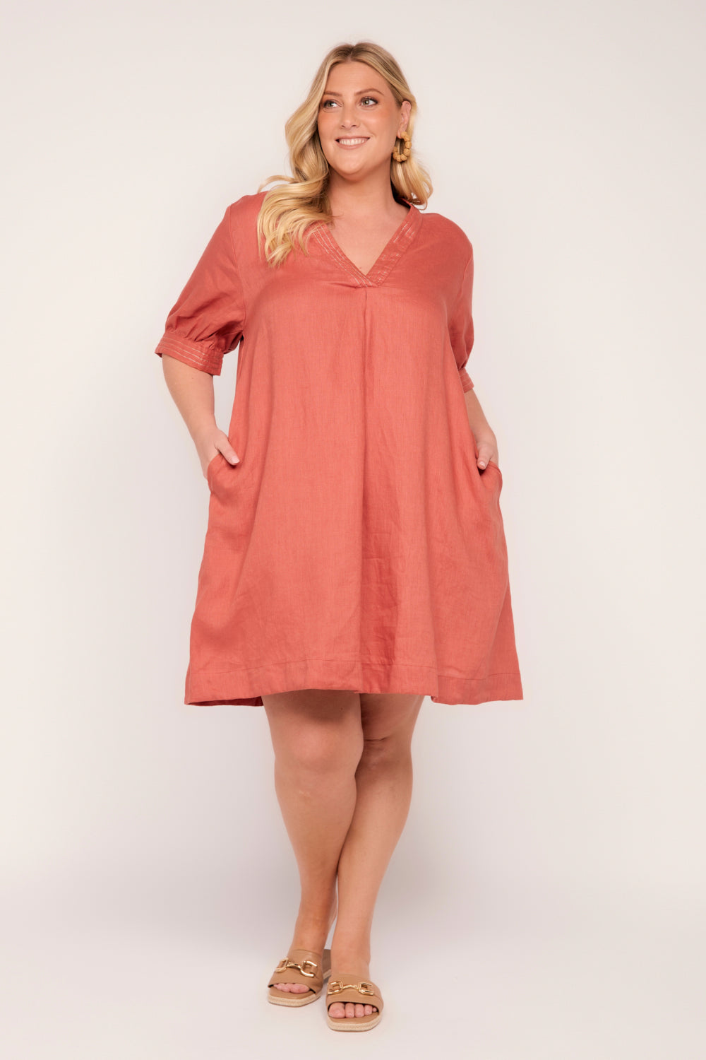 Kora A-Line Puff Sleeve Linen Dress in Desert Rose