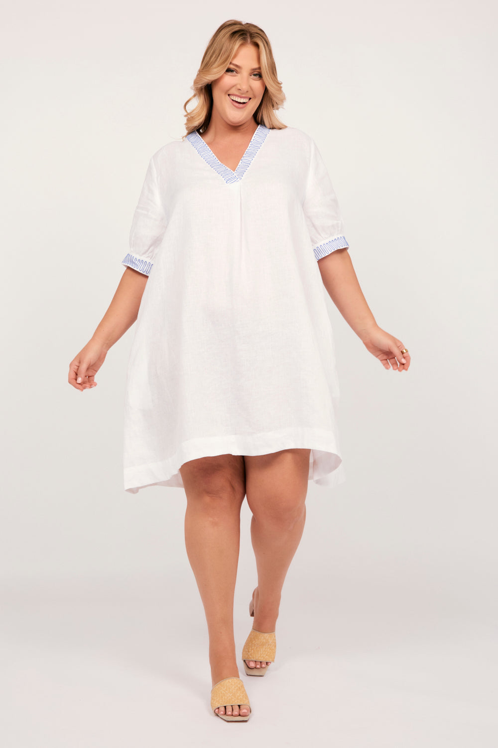 Kora A-Line Puff Sleeve Linen Dress in Island Breeze