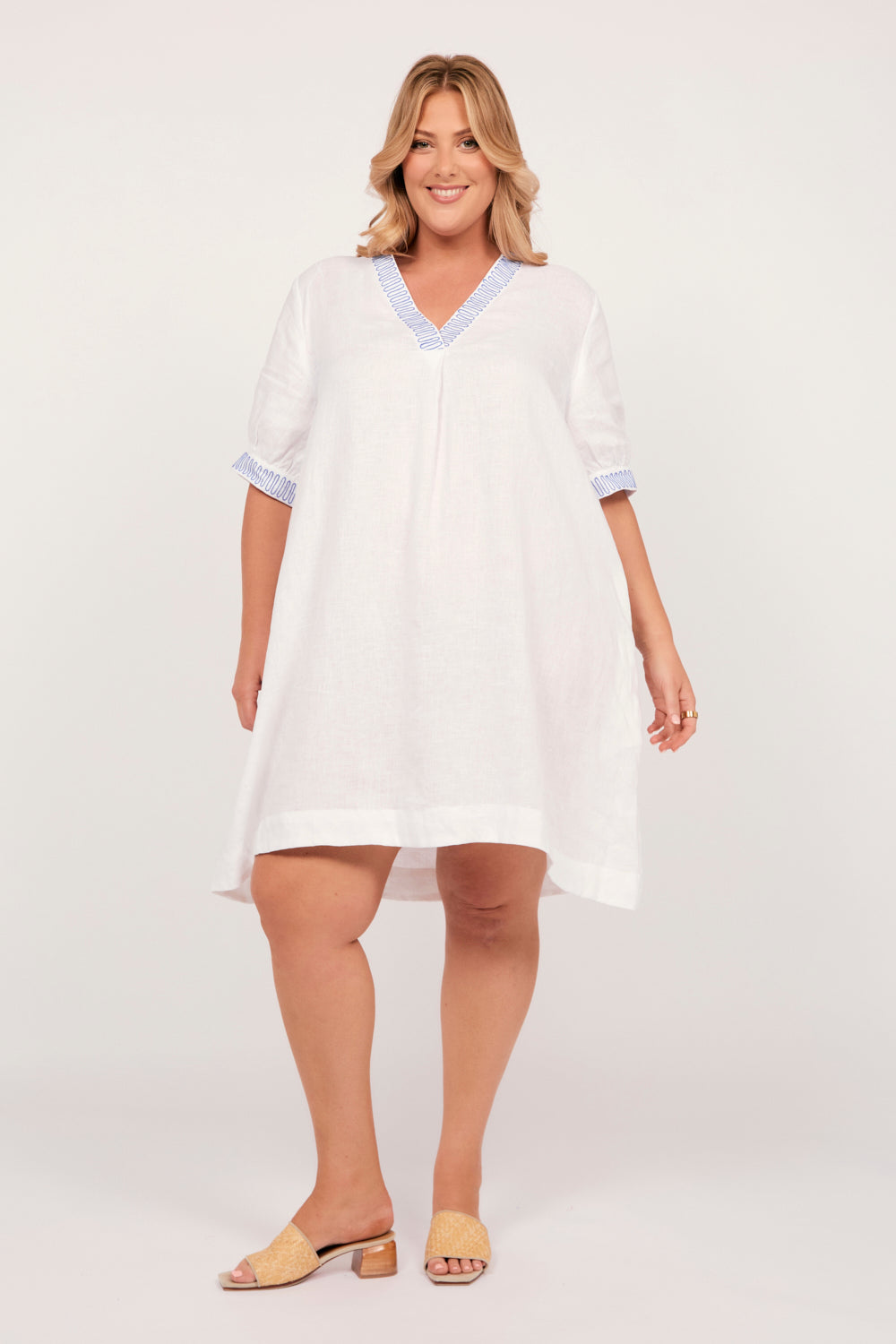 Kora A-Line Puff Sleeve Linen Dress in Island Breeze