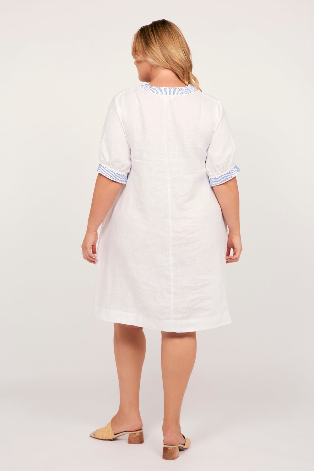 Kora A-Line Puff Sleeve Linen Dress in Island Breeze