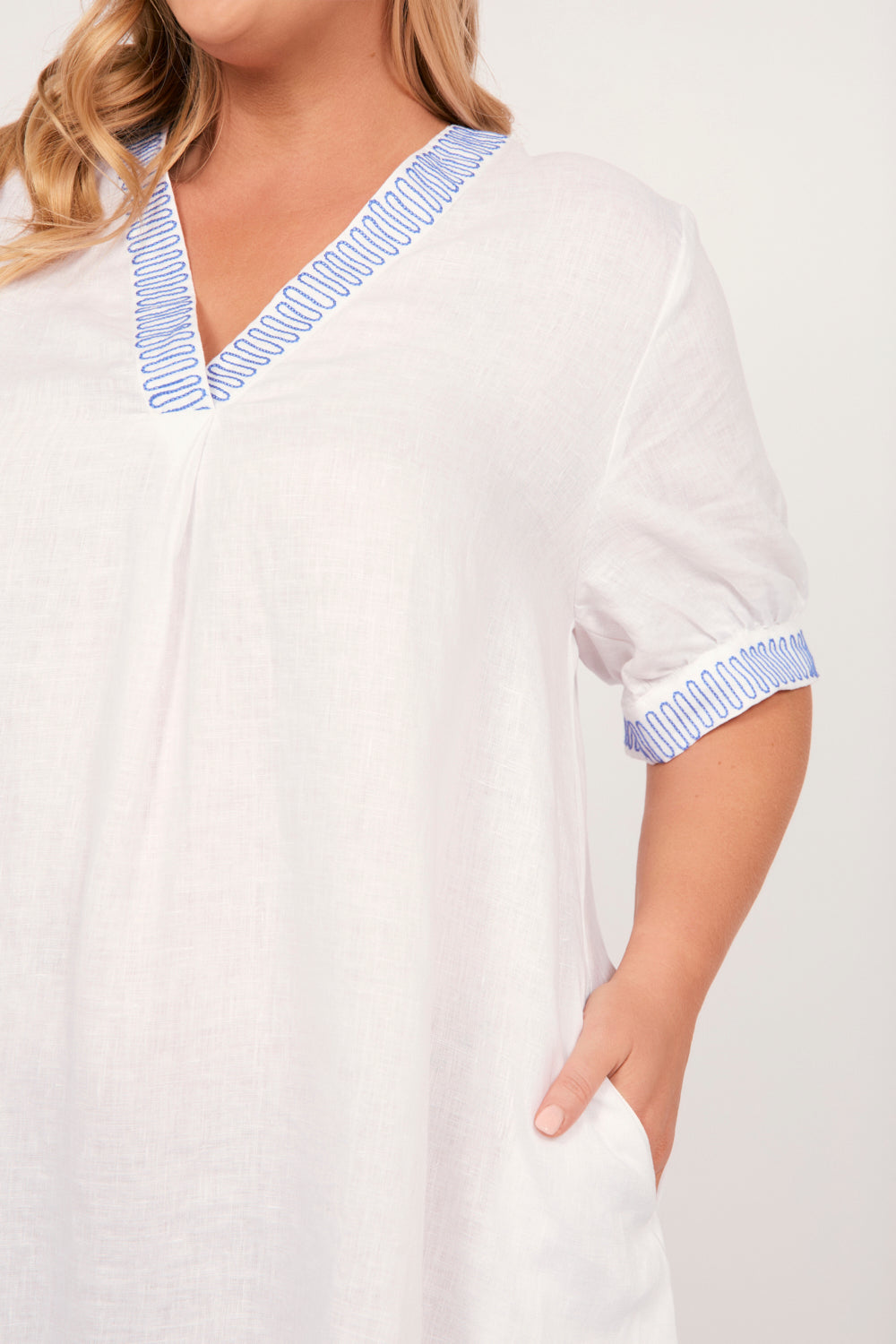 Kora A-Line Puff Sleeve Linen Dress in Island Breeze