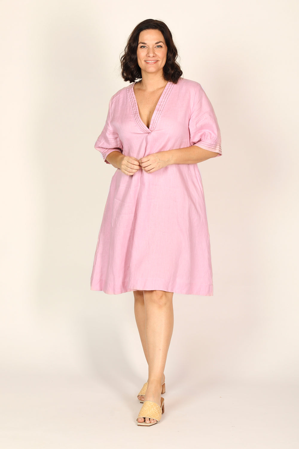 Kora A-Line Puff Sleeve Linen Dress in Peony