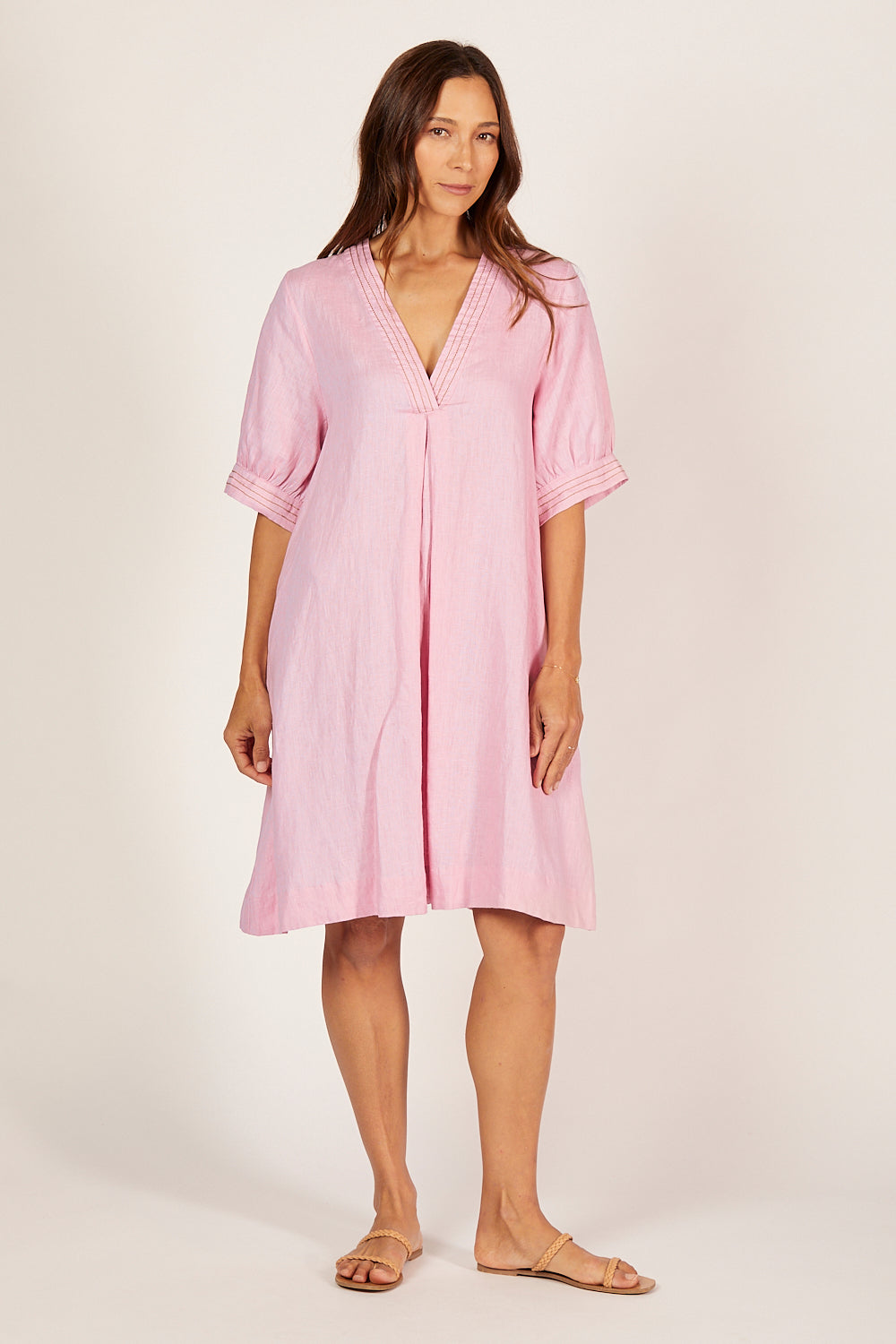 Kora A-Line Puff Sleeve Linen Dress in Peony