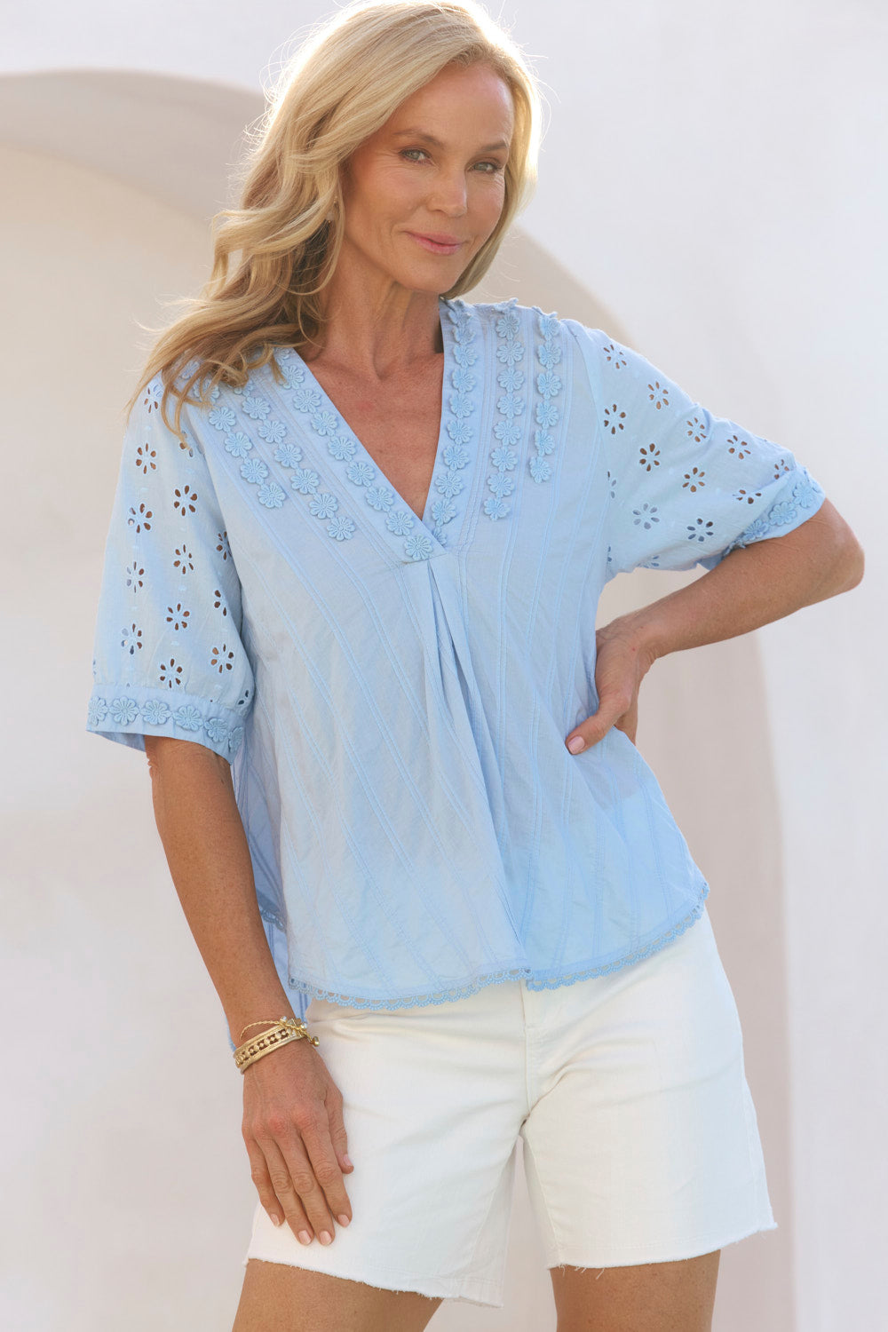Kora Daisy Embroidered Blouse in Pale Blue