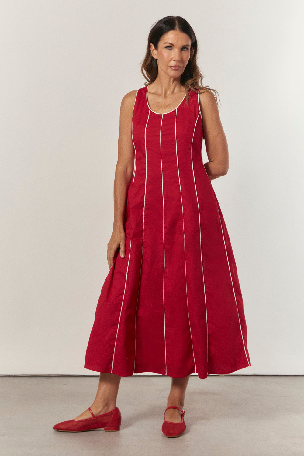 Eva Panelled Dress in Red Outline