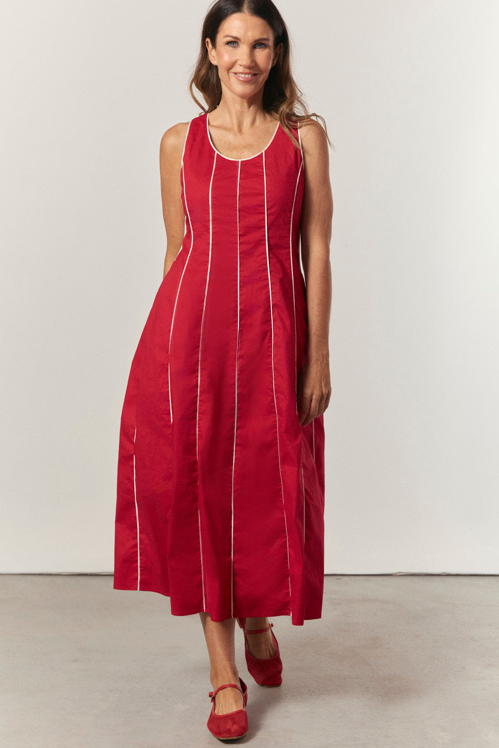 Eva Panelled Dress in Red Outline