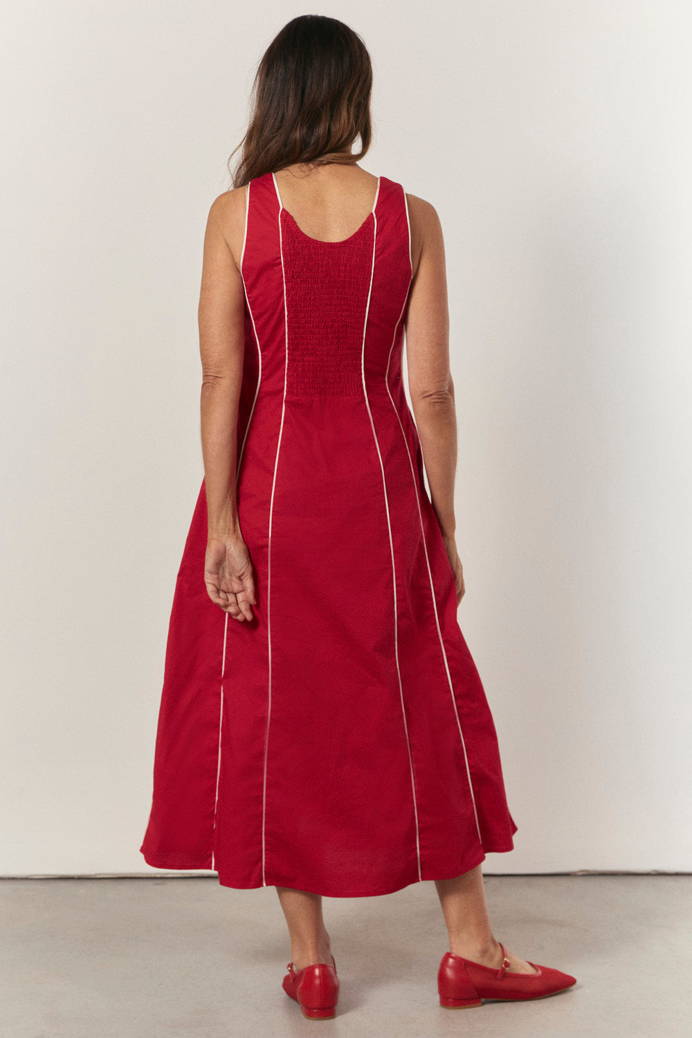Eva Panelled Dress in Red Outline