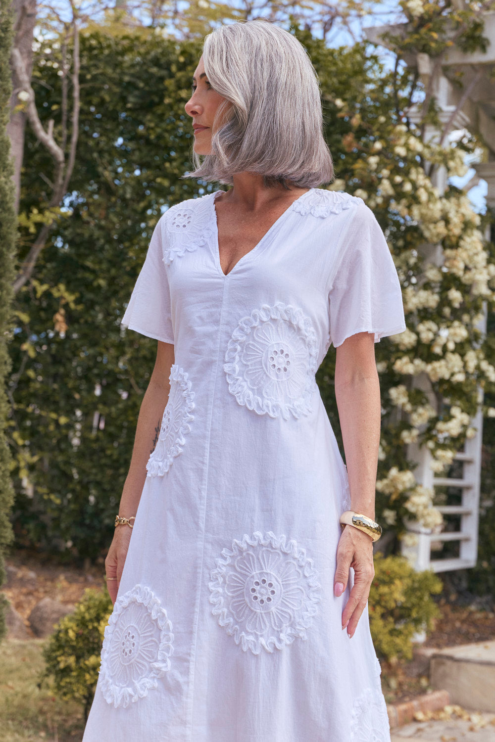 Tatum Flutter Sleeve Dress in White Manali