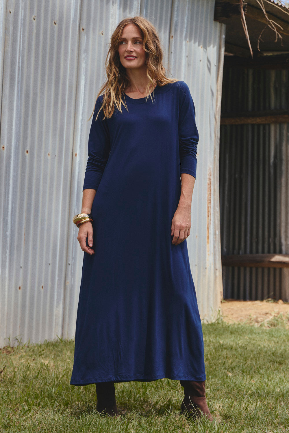 Long Sleeve Swing Dress in Navy, Midi Dress - Adrift Clothing