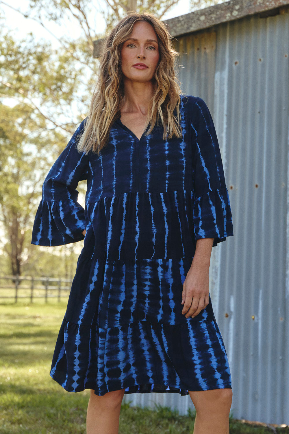 Scout Bell Sleeve Dress in Shibori Tide