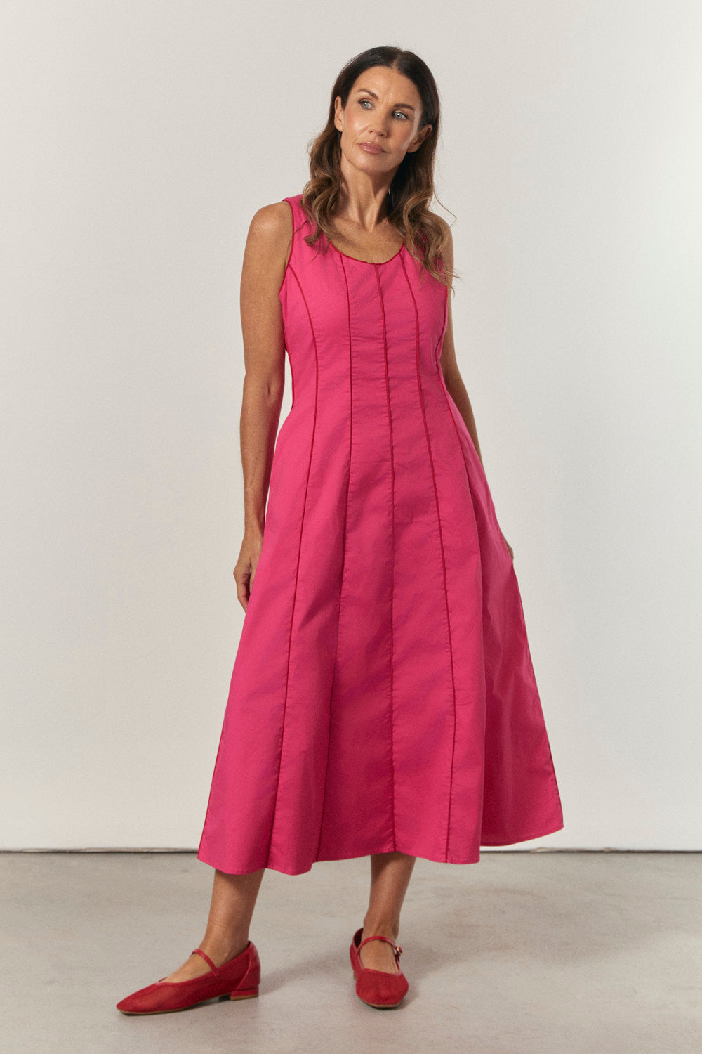 Eva Panelled Dress in Pink Outline