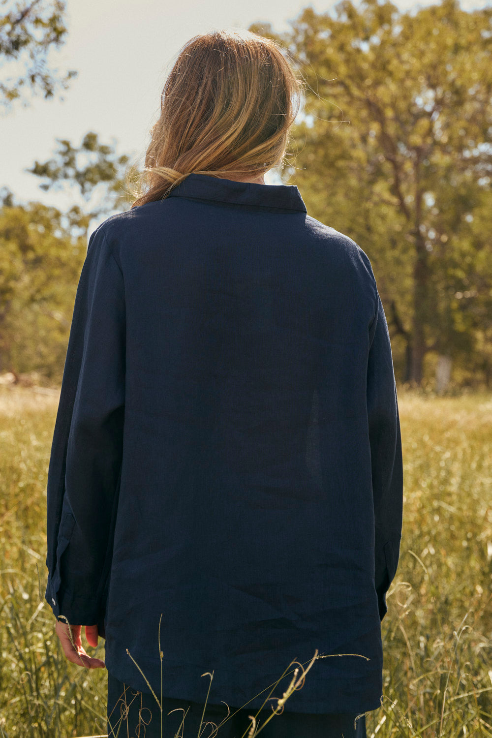 Oversized Linen Boyfriend Shirt in Navy in breathable 100% linen, designed in Brisbane Australia