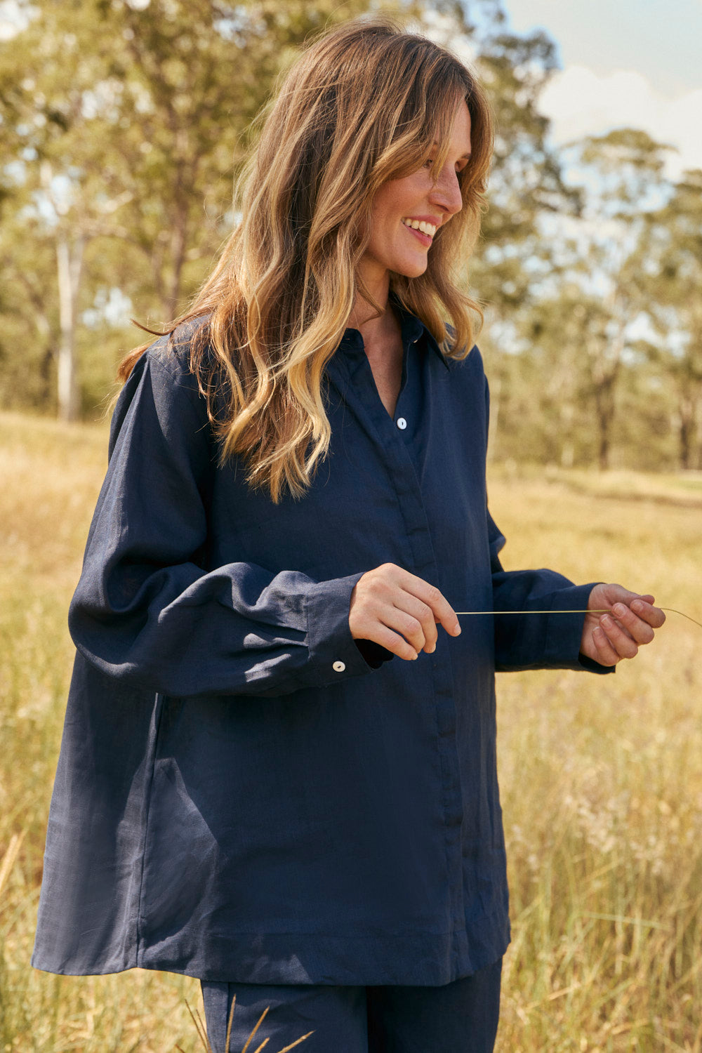 Oversized Linen Boyfriend Shirt in Navy