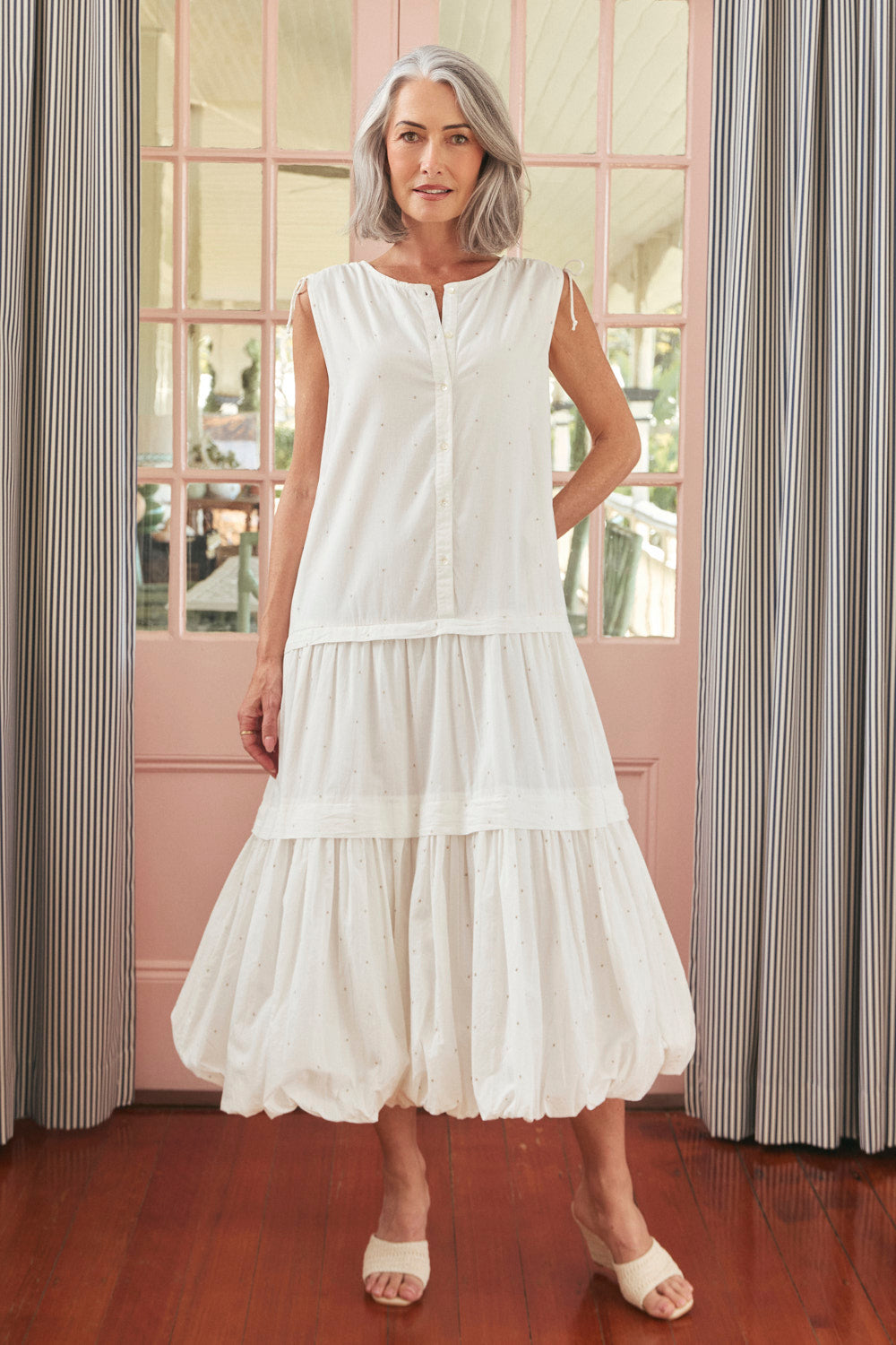 Millie Reversible Bubble Hem Dress in White Aurum