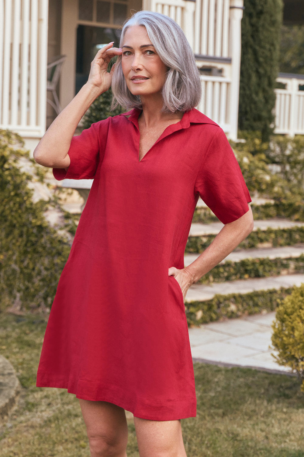 Leni Linen Short Collared Dress in Chilli