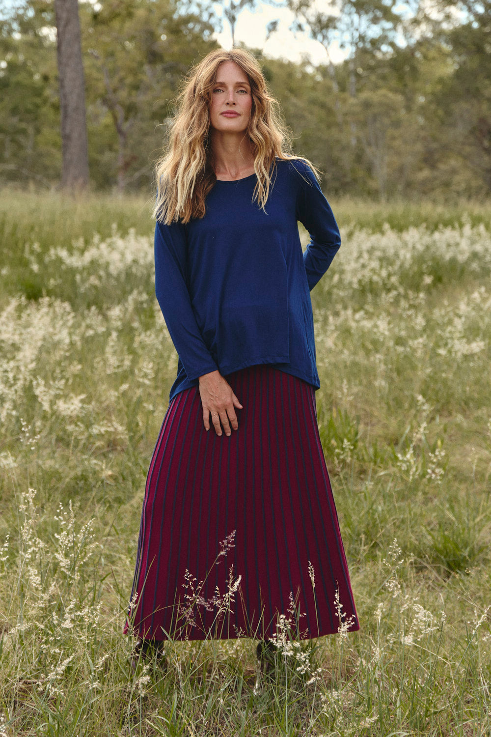 Long Sleeve Swing Tee in Navy, loose fitting t-shirt shape in deep navy, Adrift Clothing