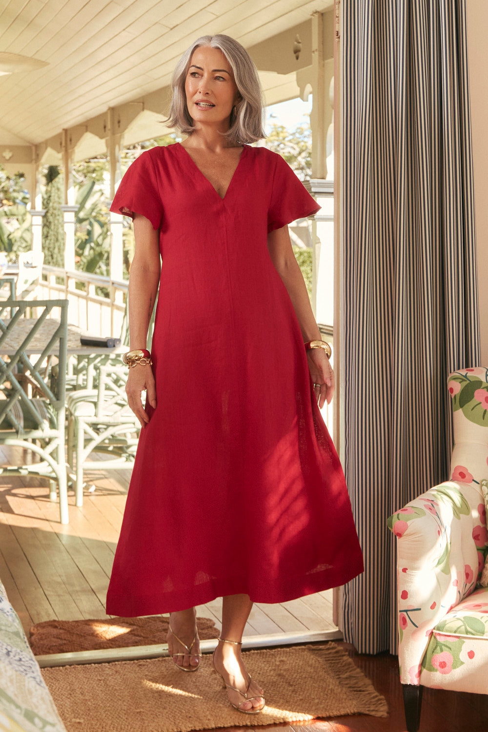 Tatum Linen Flutter Sleeve Dress in Chilli