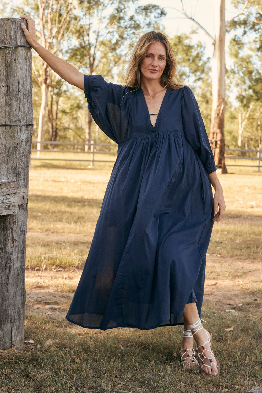 navy blue boho dress Dainty pink A-line maxi dress with blue-flowered pattern, Glow-Up main image 0