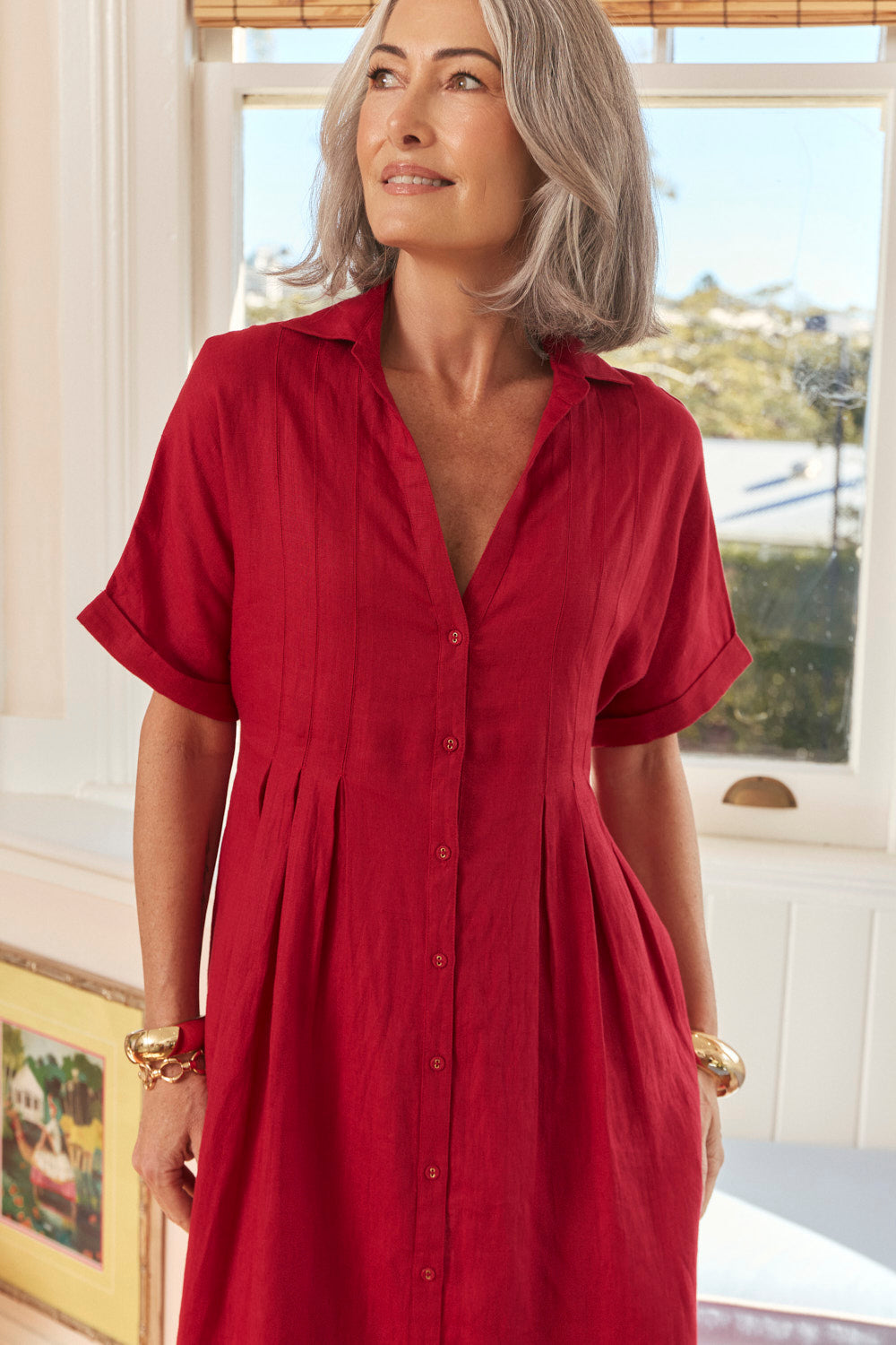 Bridget Linen Pleated Dress in Chilli