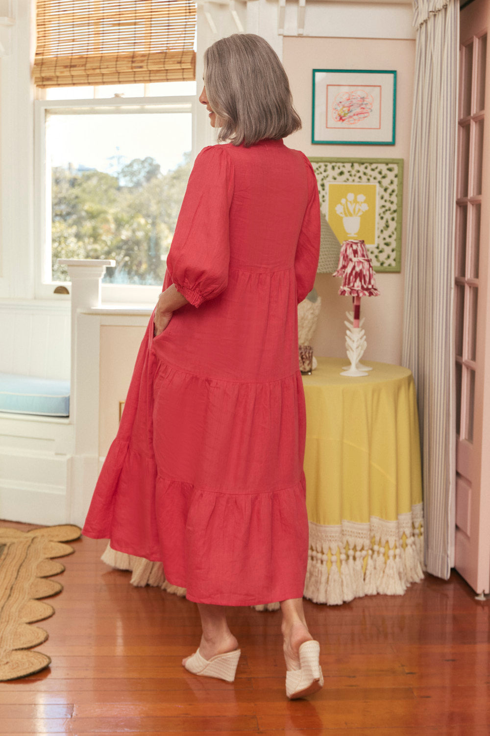 Sienna Linen Tiered Dress in Cranberry