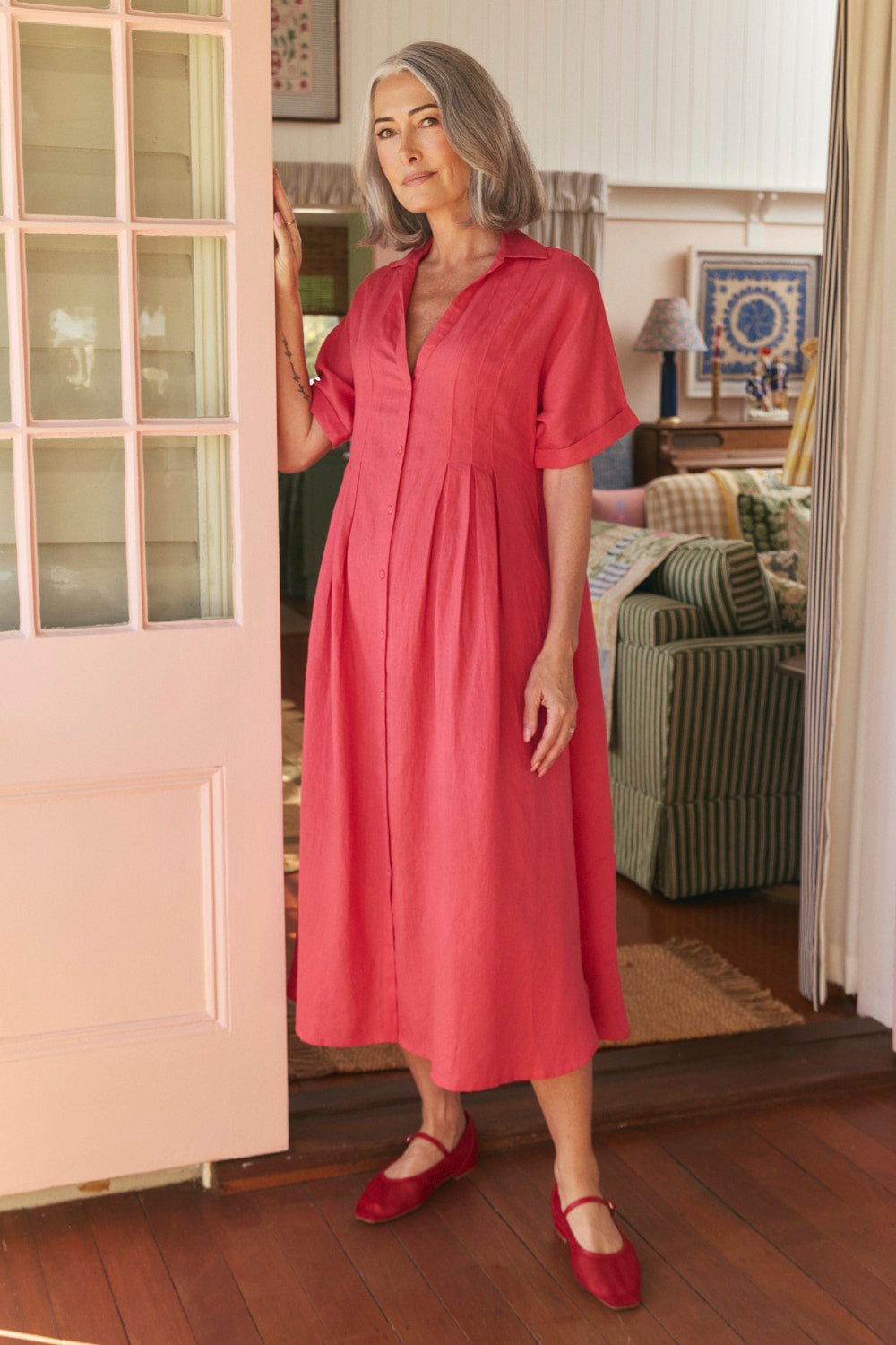Bridget Linen Pleated Dress in Cranberry