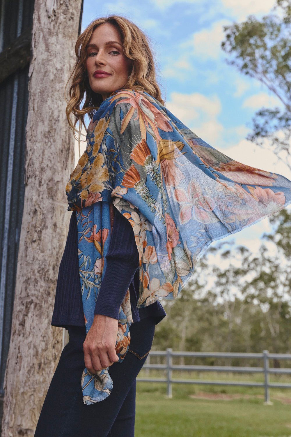 Opulent Blooms Scarf styled with plains to let the floral quietly shine, Adrift