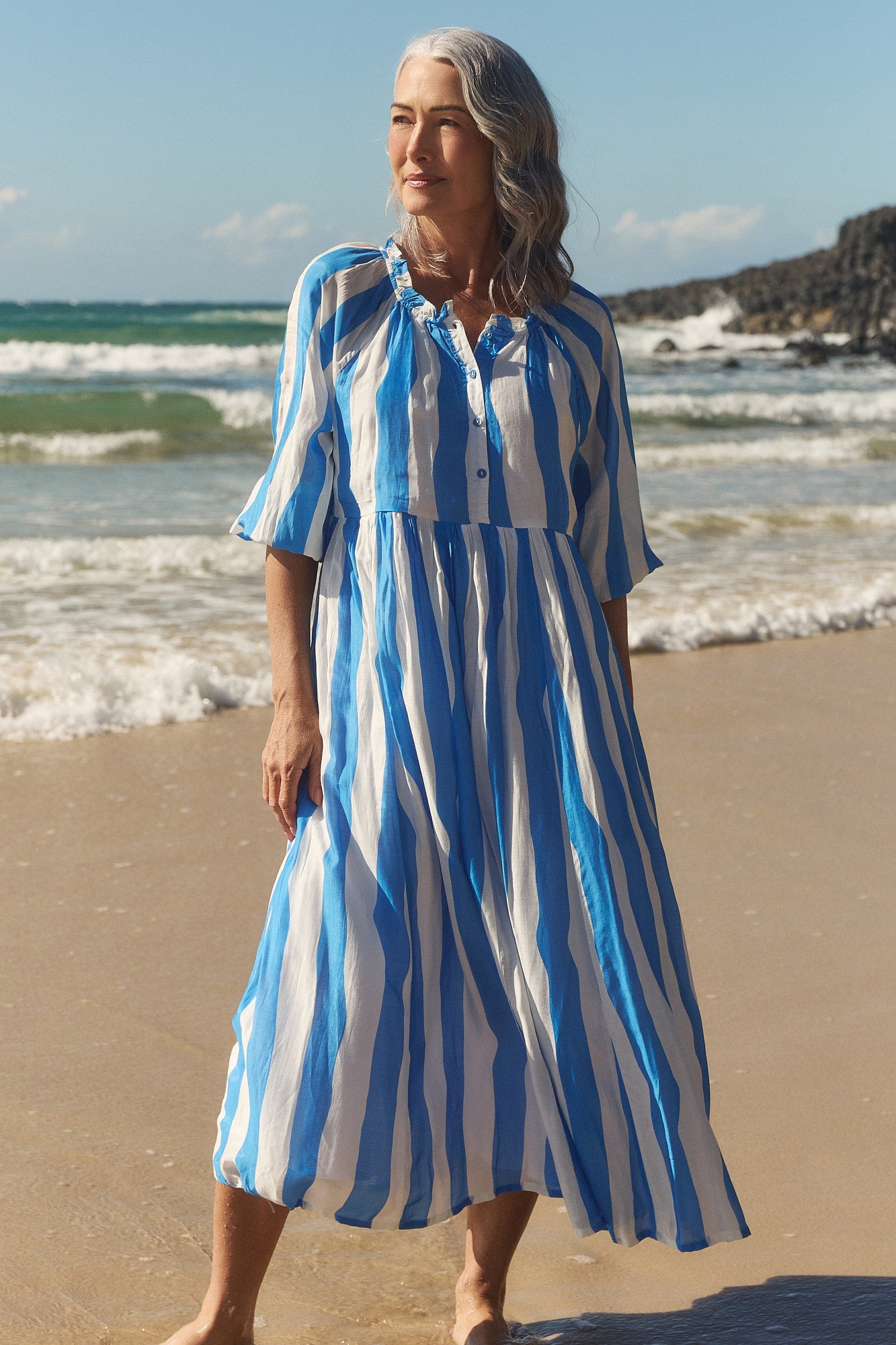 Freya Reversible Cotton Silk Billow Dress in Yacht Club