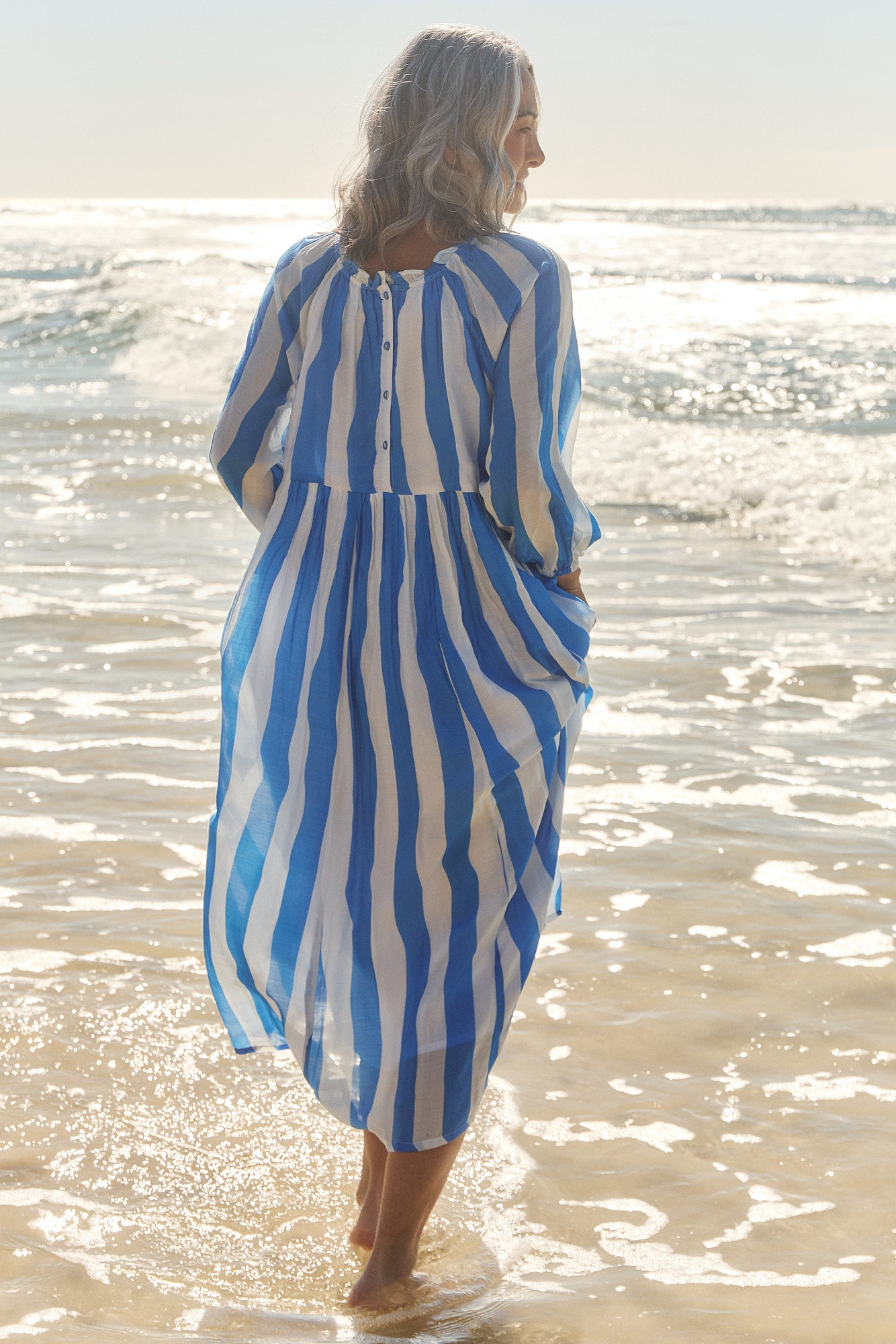 Freya Cotton Silk Reversible Billow Dress in Yacht Club