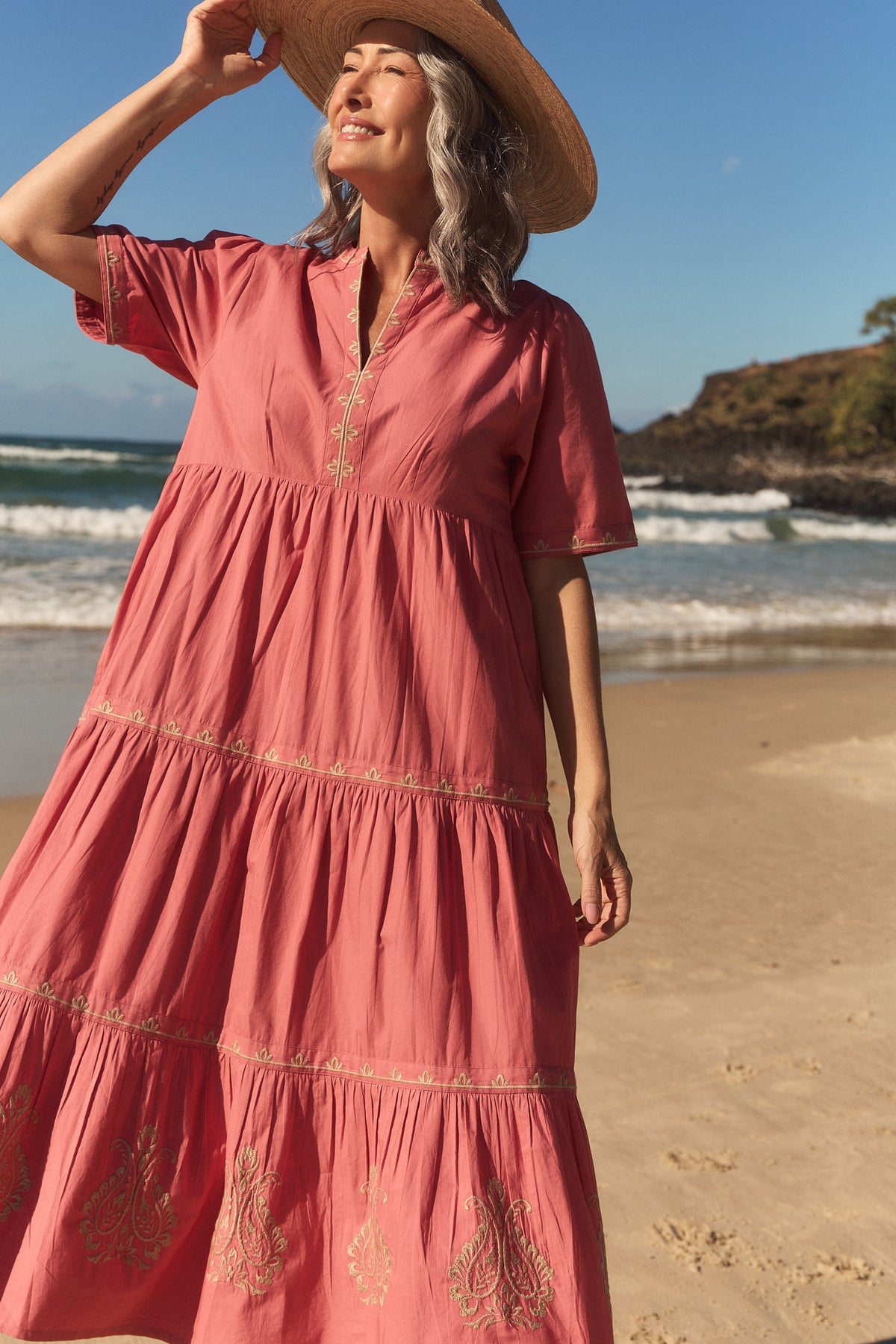 Sabre Embroidered V-Neck Dress in Vintage Rose