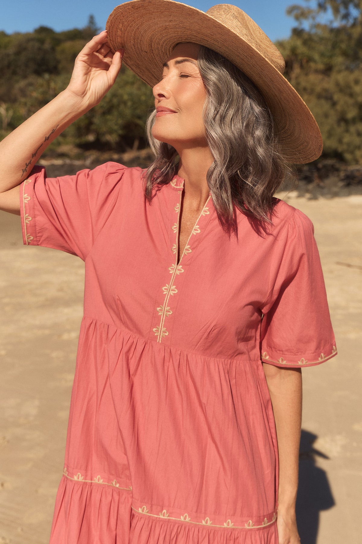 Sabre Embroidered V-Neck Dress in Vintage Rose