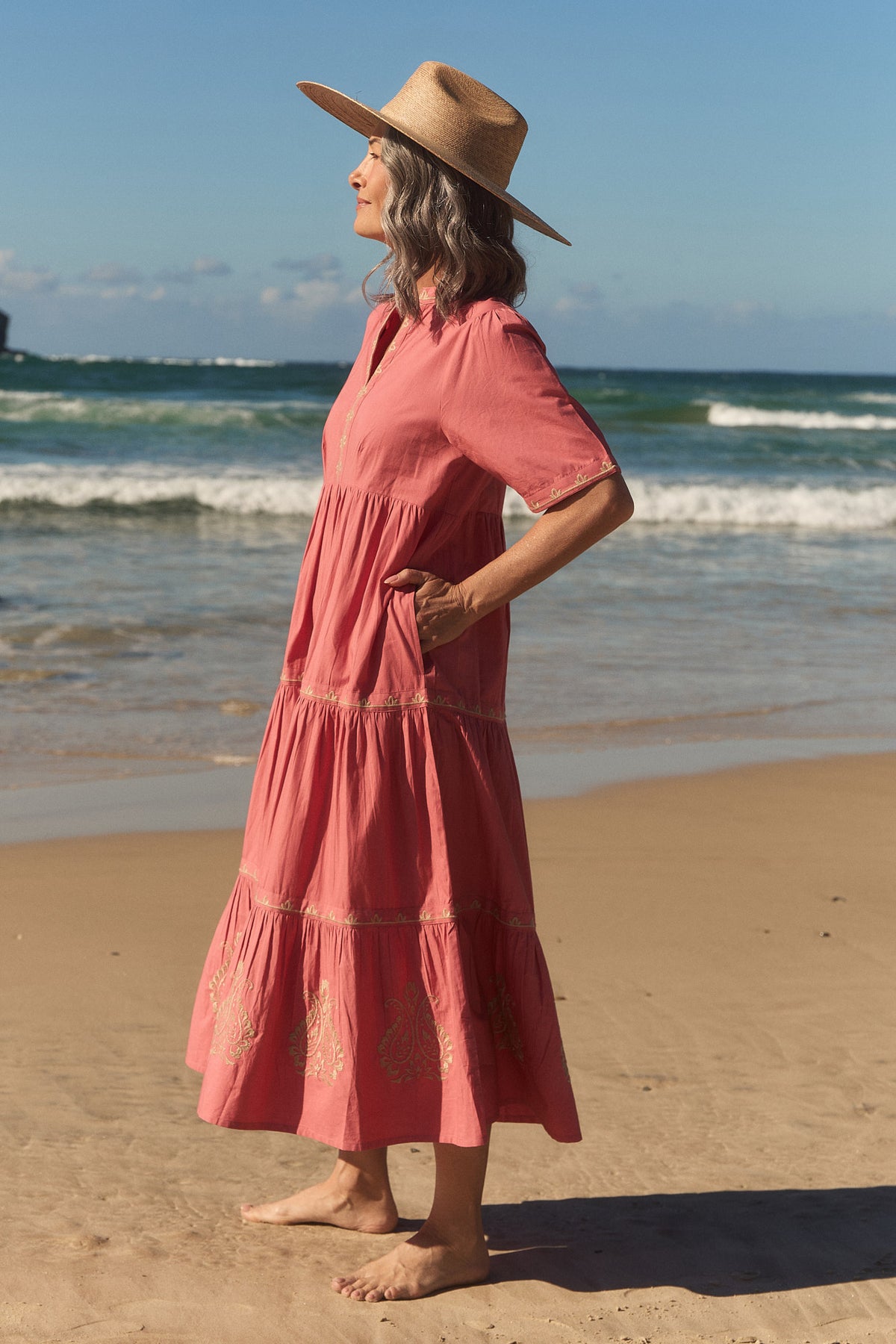 Sabre Embroidered V-Neck Dress in Vintage Rose