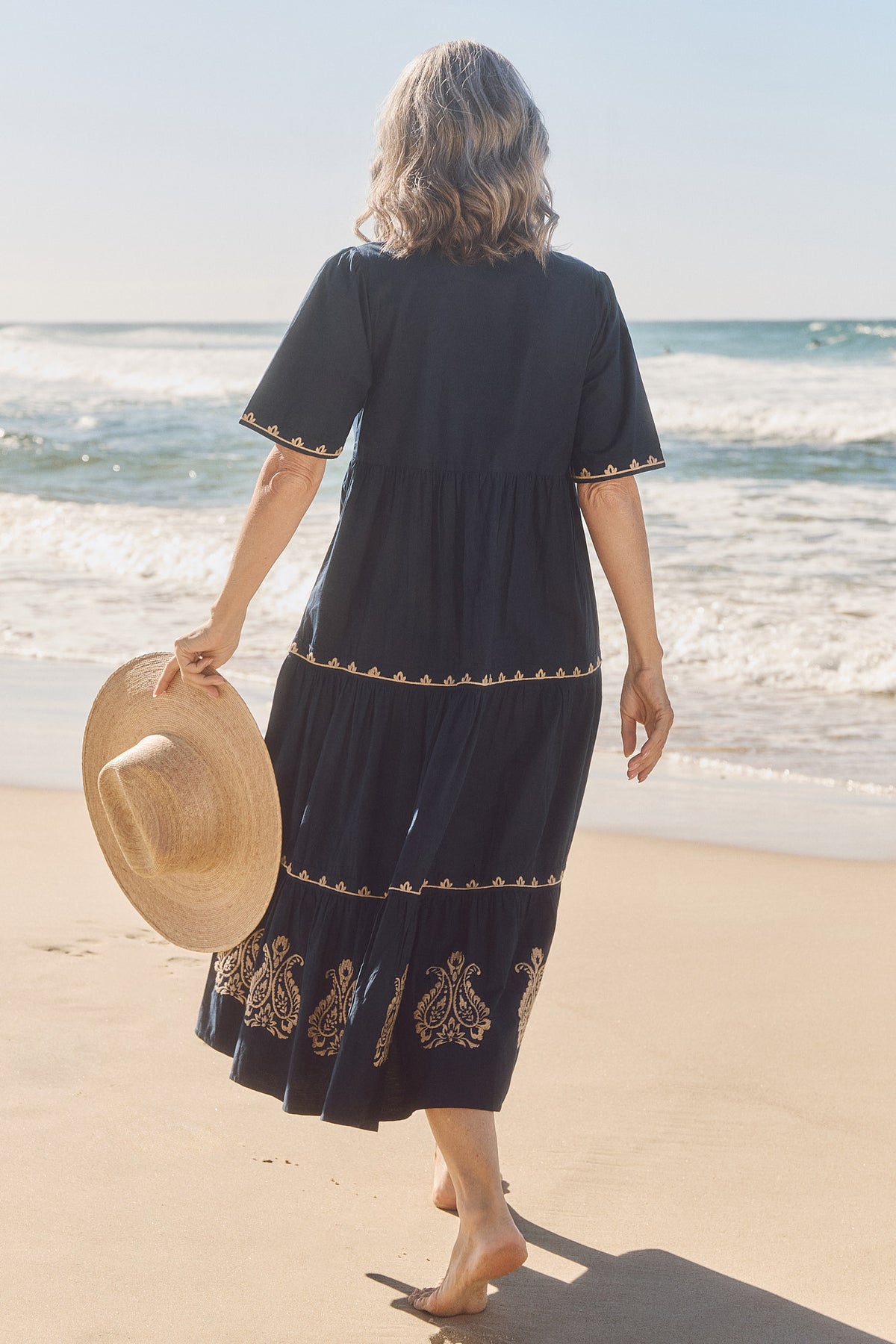 Sabre Embroidered V-Neck Dress in Navy
