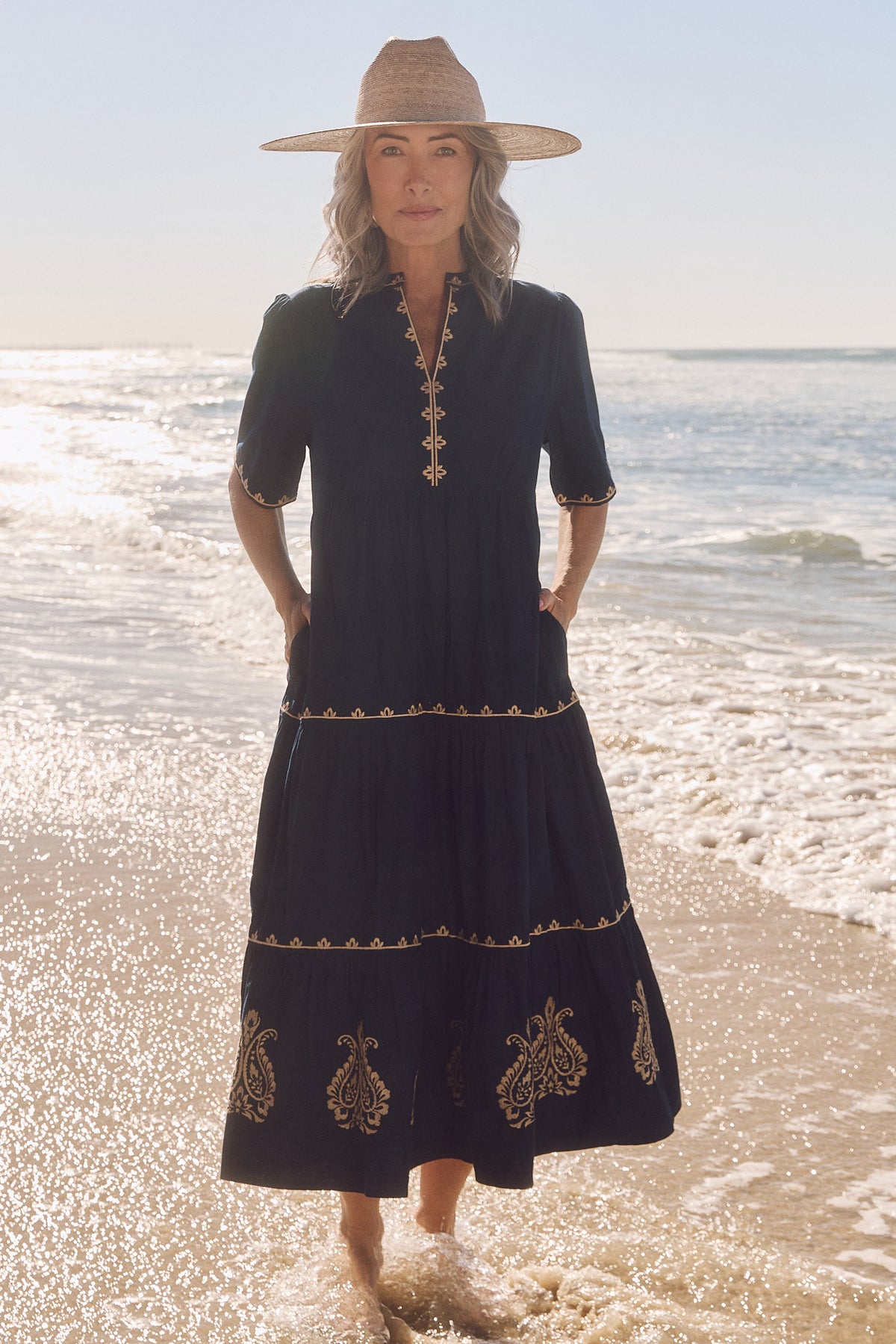 Sabre Embroidered V-Neck Dress in Navy