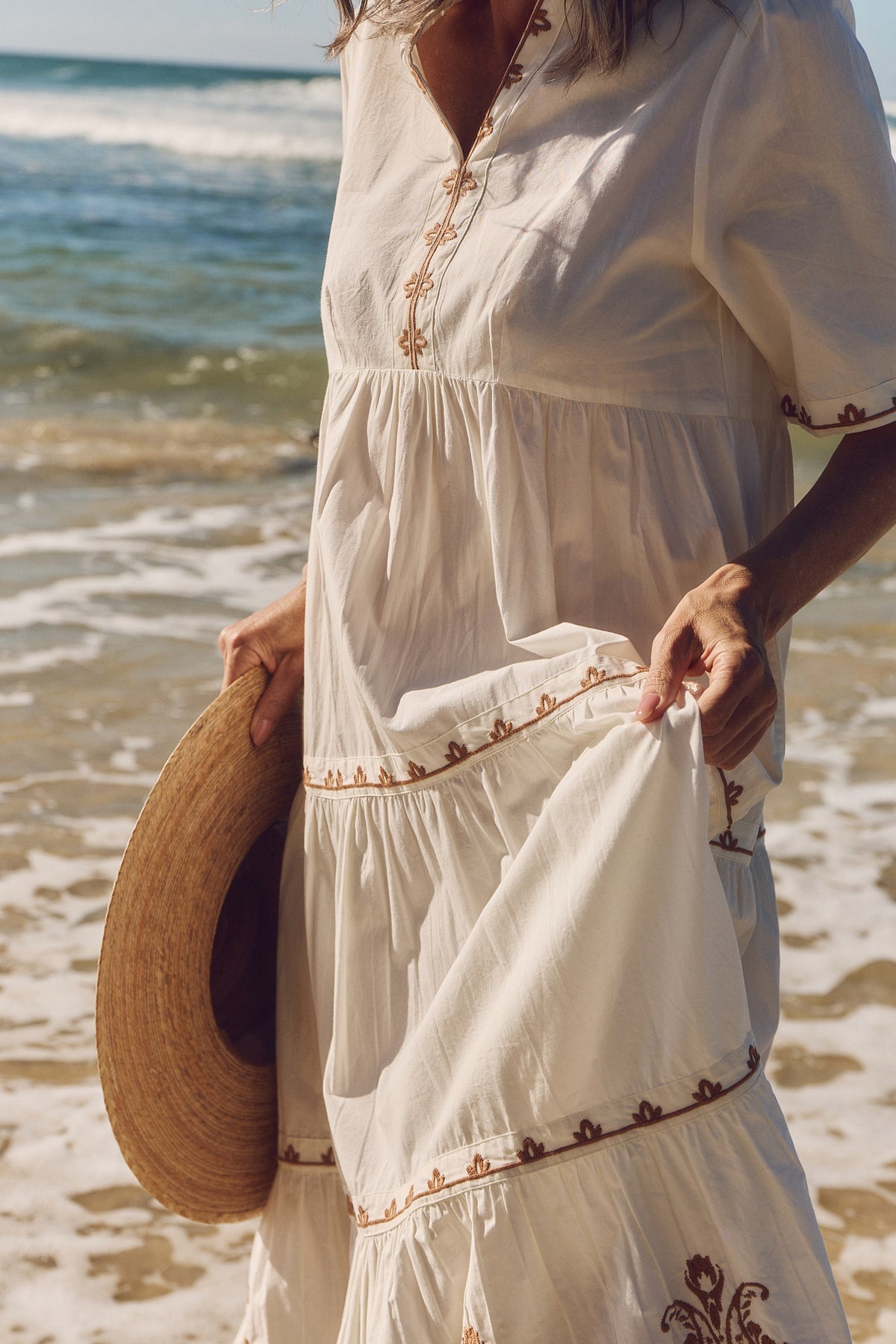Sabre Embroidered V-Neck Dress in Natural