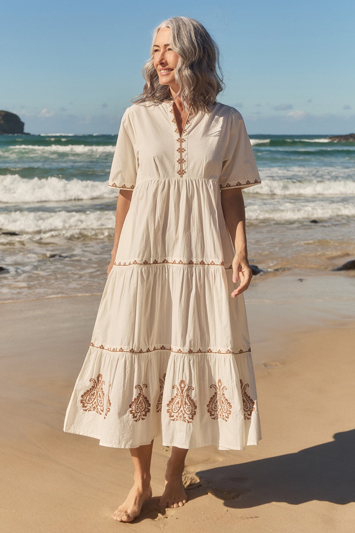 Sabre Embroidered V-Neck Dress in Natural