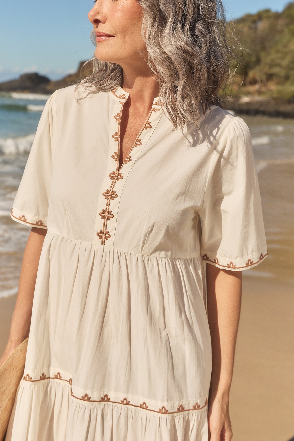 Sabre Embroidered V-Neck Dress in Natural