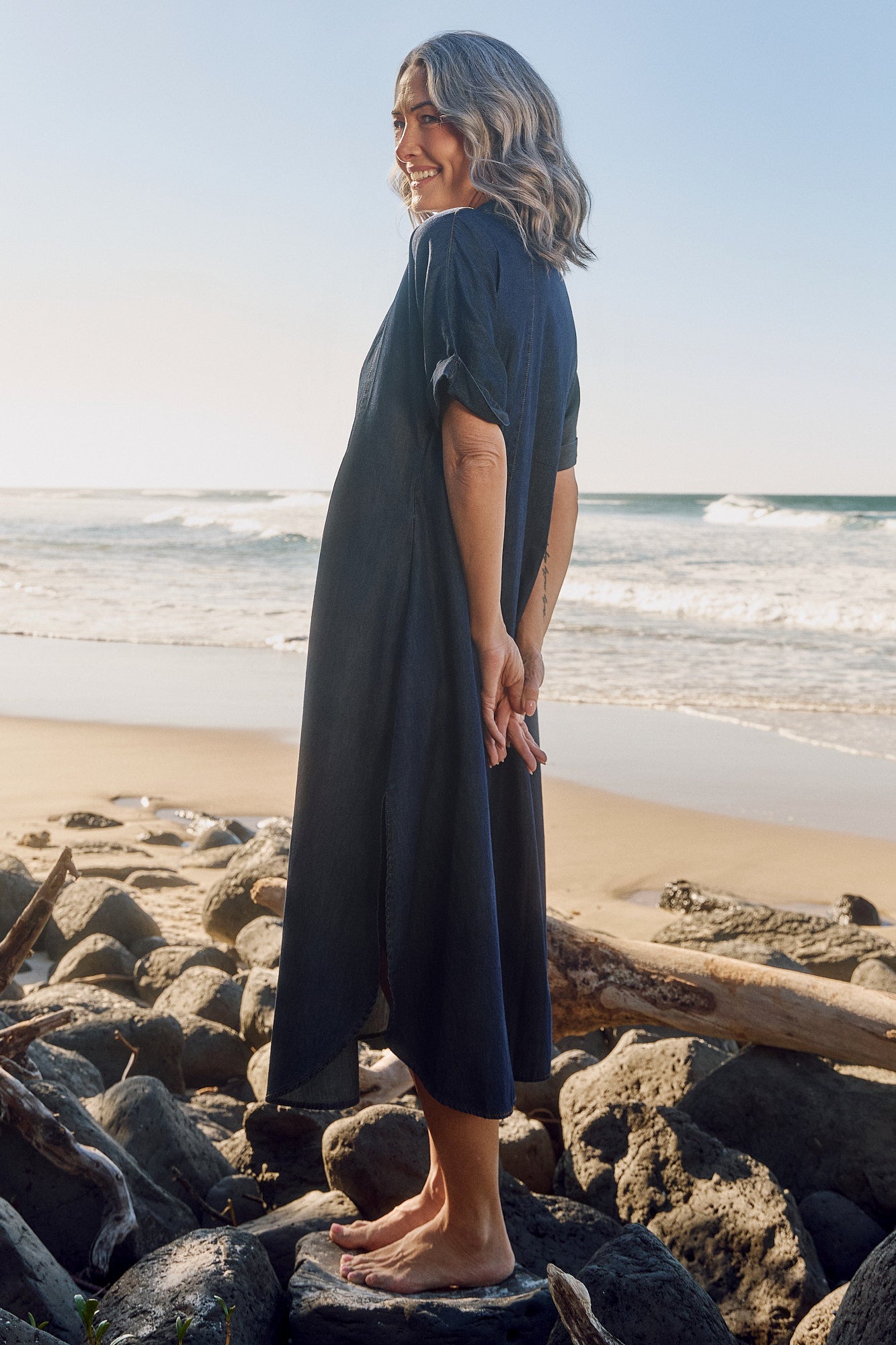 Bridget Chambray Pleated Dress in Dark Wash