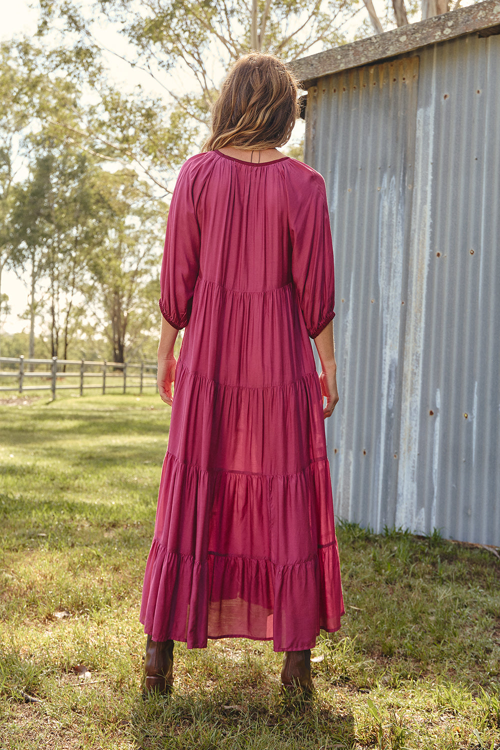 Layla Cotton Silk Tiered Dress in Rose Wine