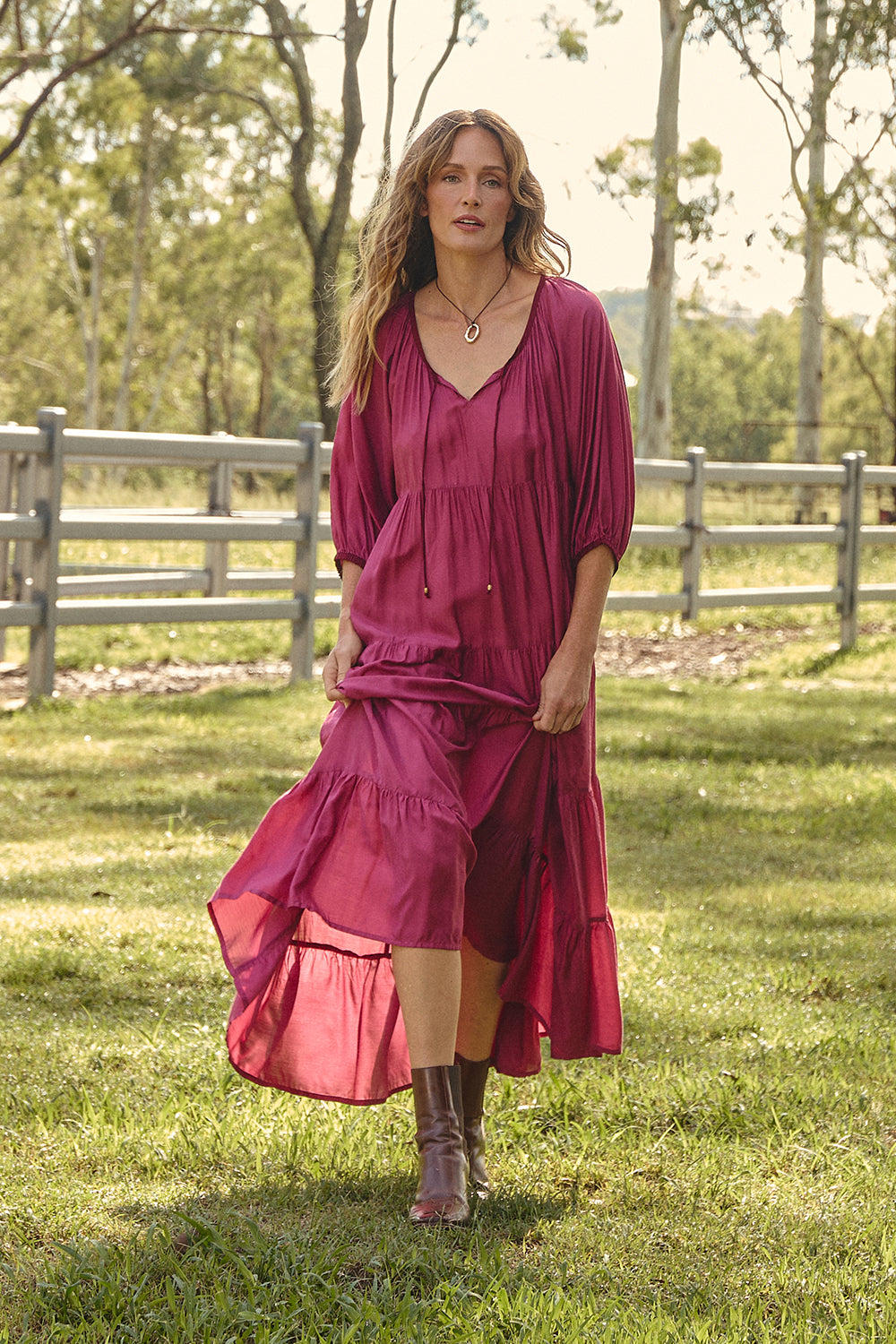 Layla Cotton Silk Tiered Dress in Rose Wine